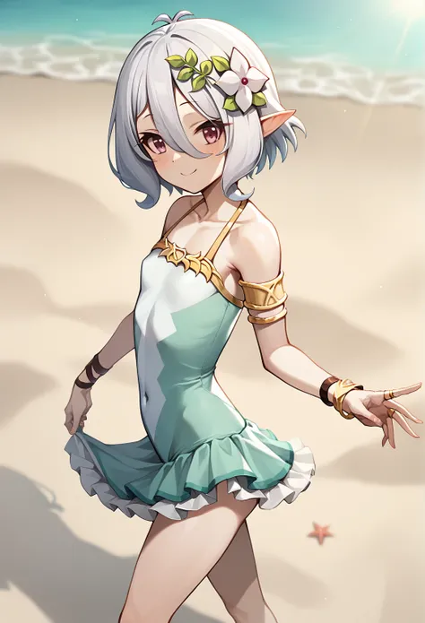 kokkoro_(princess_connect!), Sweet girl, She has medium silver hair, shag cut, wavy, bang and elf ears, smirk, Flat chest. A white one-piece swimsuit with a very short frilled skirt, gold floral accents, a matching bracelet, and a floral hair clip, exuding...