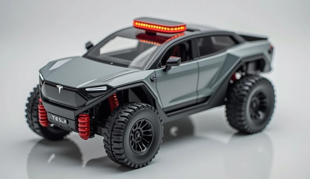 Product photography, {detailed futuristic Tesla off-road pickup truck toy model}, miniature matte gray armored vehicle with aggressive black trim and military-grade styling, intricately crafted lift suspension featuring bright red shock absorbers and overs...