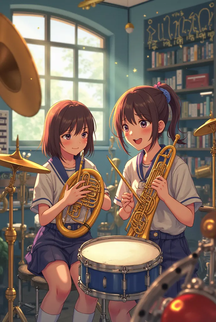 high image quality，illustrations、Ghibli style、 2 high school girls、French horn、 drums、Club room、Brass band、