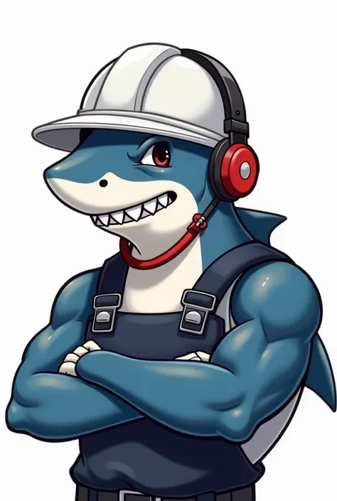 A shark with a white helmet working as an engineer,with arms muscles, with a smiling expression of confidence, showing confidence and leadership ,Without covering your face,  for a high-quality logo design, 4k, ultra detailed,  Looking Forward .In anime in...