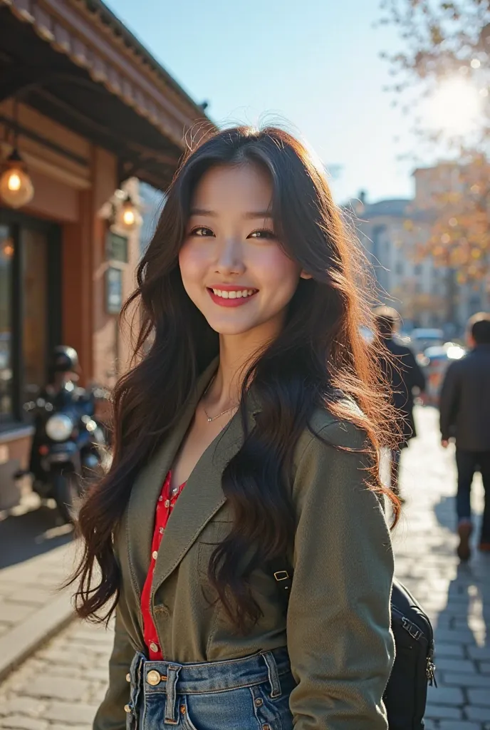 A beautiful Korean girl smiling facing towards the camera white face glowing natural red lips natural black hair straight long wavy hair ends left color greenbottle hair color right bright red color shiny color dress Sage color jeans skirt blue Dongker bla...