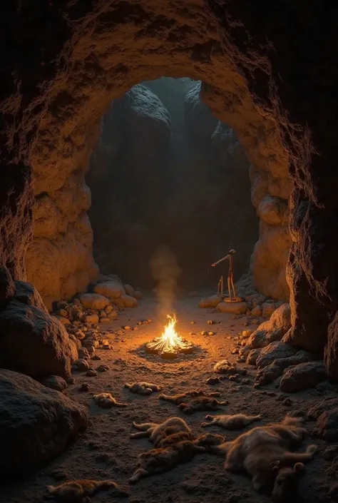  "A scene in a prehistoric cave, with a perspective of those who have just woken up. The floor is covered with animal skins, and there is a soft bonfire illuminating the environment. The interior of the cave is dark , but there is a soft light coming from ...