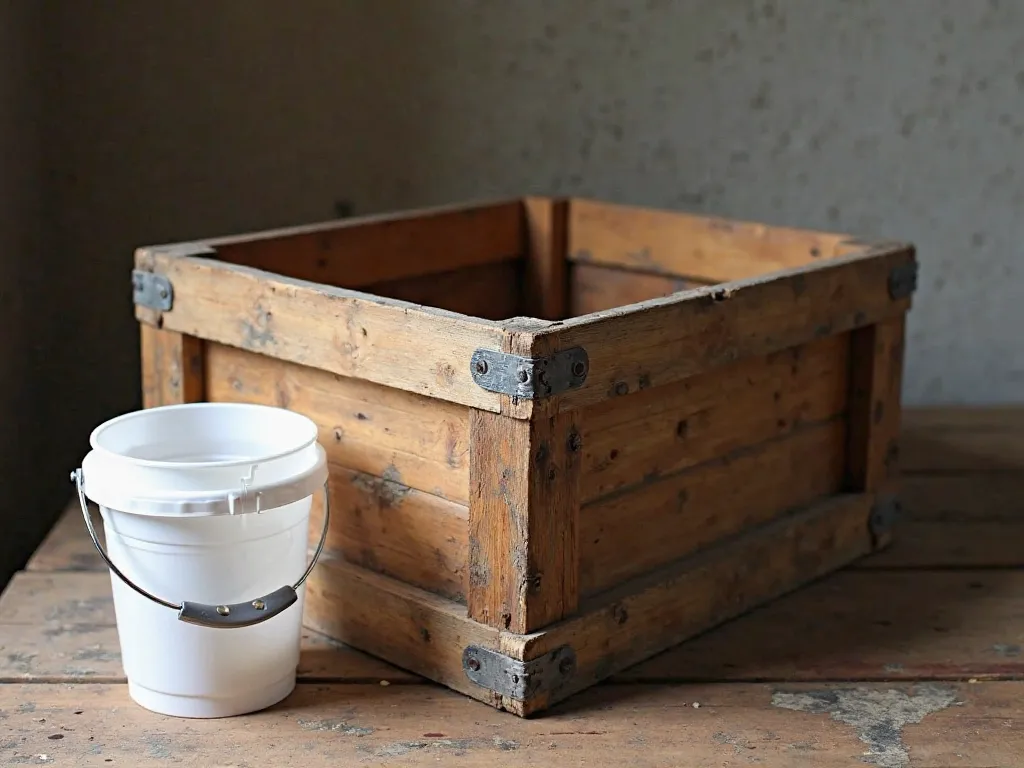 A rectangular box made of aged wooden rules, with an old and worn appearance, placed on a rustic surface. The wood in the box has marks of use and a slight patina of dirt.  Next to the box , there is a white plastic bucket, simple and modern, contrasting w...