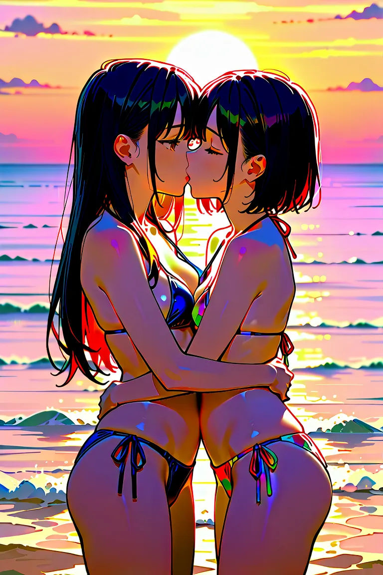 Best Quality,  Ultra High Resolution、realistic skin、( in the sea)、Japanese、((2 cute middle school girls))、(( Low))、(( body type))、(( small tits))、 black hair、brown eyes、bikini、 is hugging、Kiss,A group of colorful fish