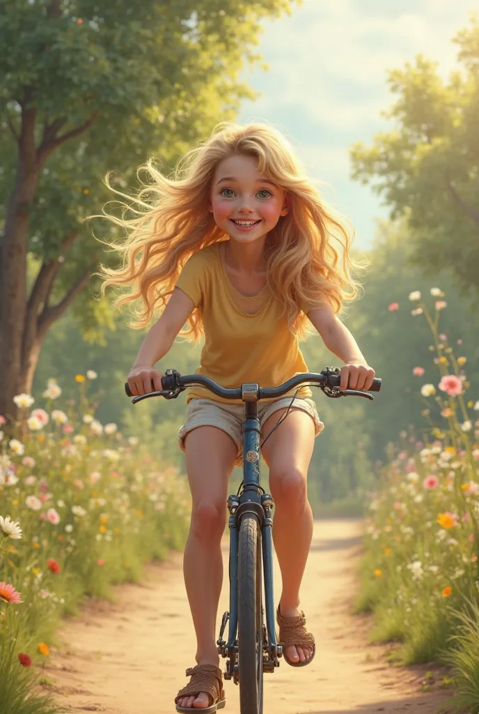 A lot of cute realistic blonde movie riding a bicycle 