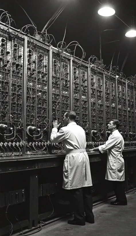 "A detailed black-and-white historical photograph-style image of the ENIAC computer, a massive wall-sized machine filled with glowing vacuum tubes, thousands of tangled wires, and control panels with switches. Two engineers in 1940s attire (white lab coats...