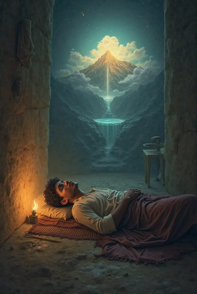 Ibrahim sleeping on a simple mat, with a glowing dream above his head showing a mountain and a shining spring. The room is dimly lit with an oil lamp, giving a peaceful Islamic vibe