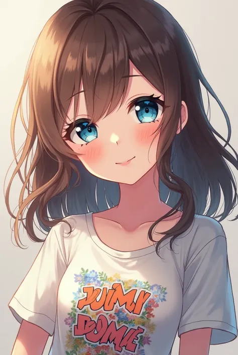 Female girl with brown cedar and blue eyes with lenses,  anime girl t-shirt 