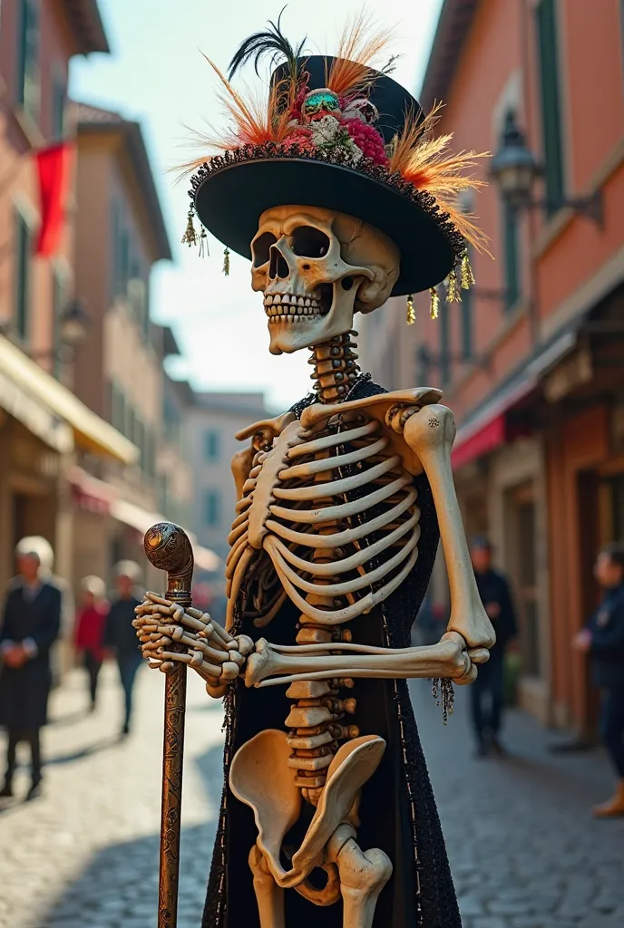 I want you to generate a skeleton for me that wears an expensive hat from the 80s along with a cane, behind him on the streets of Italy