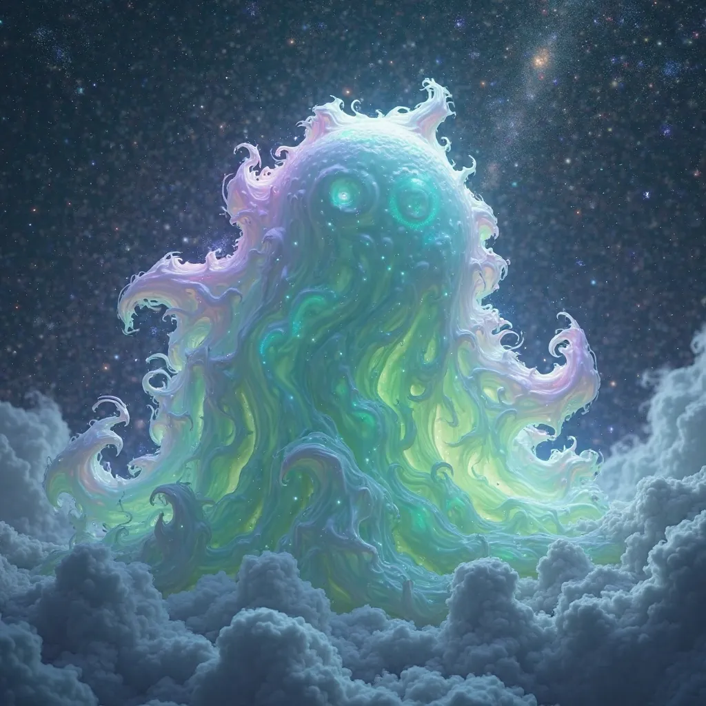 top quality,Space background,A single entity ,A giant slime with light green, turquoise, and purple pastel tones