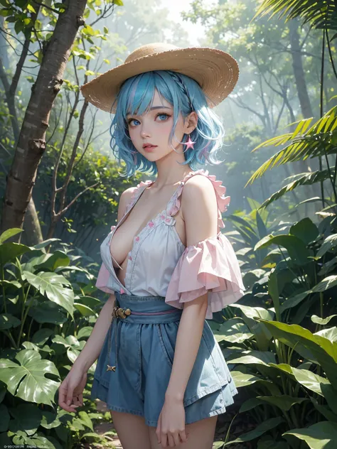 best quality, masterpiece, 8K, Ultra Detail, Best Illustration, Ultra High Resolution, Depth of Field, Photorealism: 1.4, RAW Photos: 1.2, dynamic angle, (In the small forest on the outer rim of the village:1.2), adventurer sexy uniform, fedora hat, Lanter...