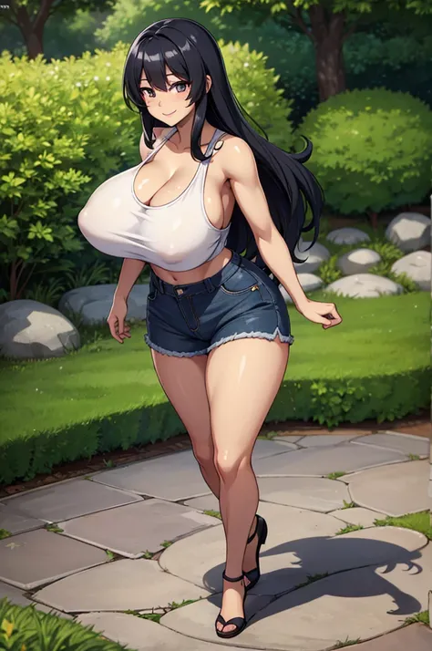 best quality, 8k, very delicate and beautiful, highly detailed face and skin texture, shiny skin, high resolution, huge tits cute black long hair japanese girl in tanks top and short denim pants walking in garden with huge smile, full body, sharp focus
