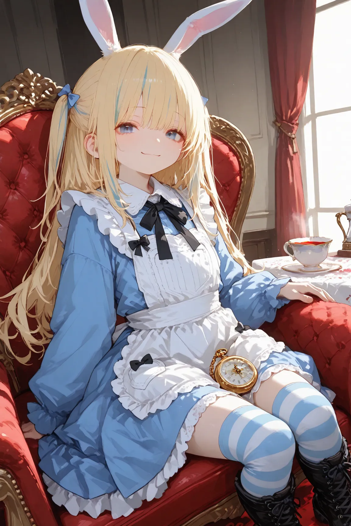 illustration, best quality, dramatic lighting,trk,masterpiece, best quality, ultra-detailed, photorealistic depiction of a twisted version of Alice in Wonderland. The character sits casually in a large, plush red chair, her pose relaxed but her expression ...