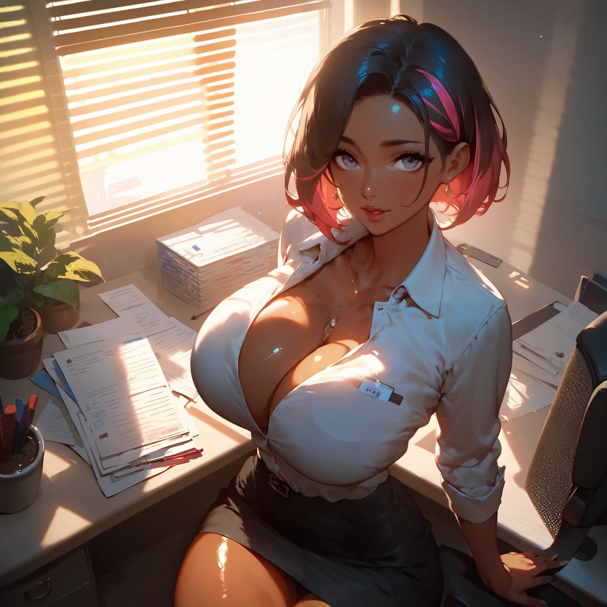 solo, soft coffee-colored skin, shiny_skin, massive_firm breasts, perfect waist, juicy_firm thighs, highlights_shadow lighting, ray tracing, dramatic lighting, dynamic lighting, depth of field, blur, very high quality, perfect details, masterpiece, Excelle...