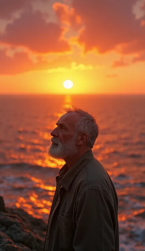 Give me a picture of a middle-aged man watching the sunset in the sea.