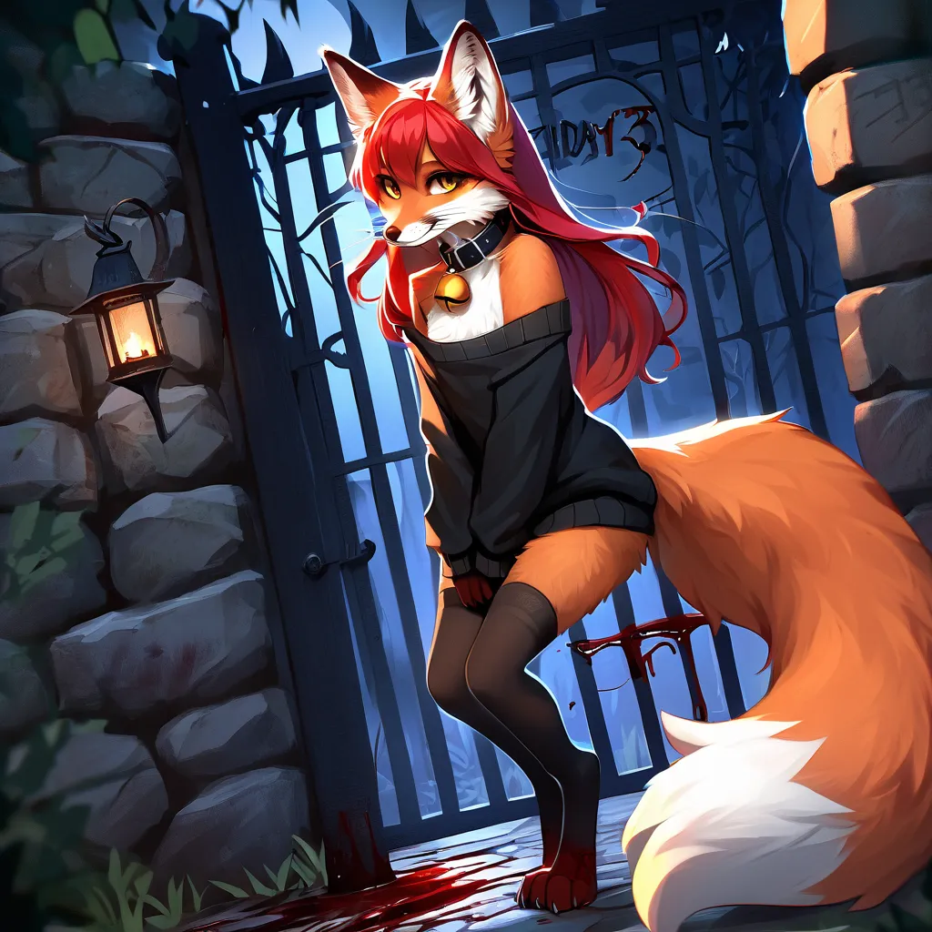 full body、Solo、unpralleled masterpiece、Detailed、 Beautiful、 score_9、 score_8_up、 score_7_up、(Friday the 13th、the number 13 written on a stone wall with blood)、moody atmosphere、mysterious、fox、anthro、furry、female、orange fur、(long hair、beautiful hair、scarlet ...