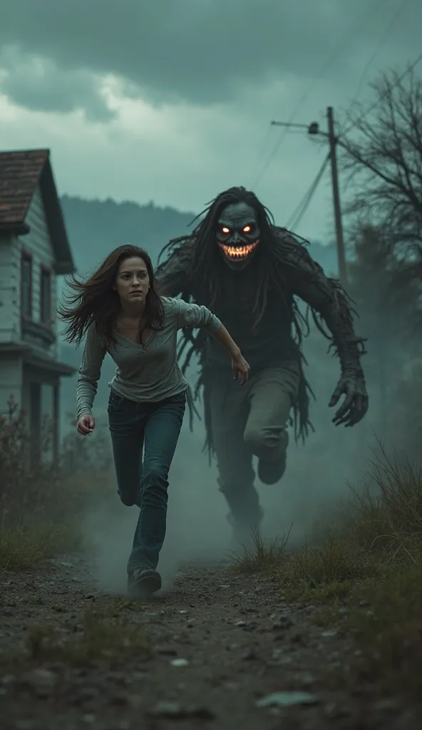 Mariana running outside the house very scared while being chased by a smiling demon with a hungry and thirsty look at her soul
