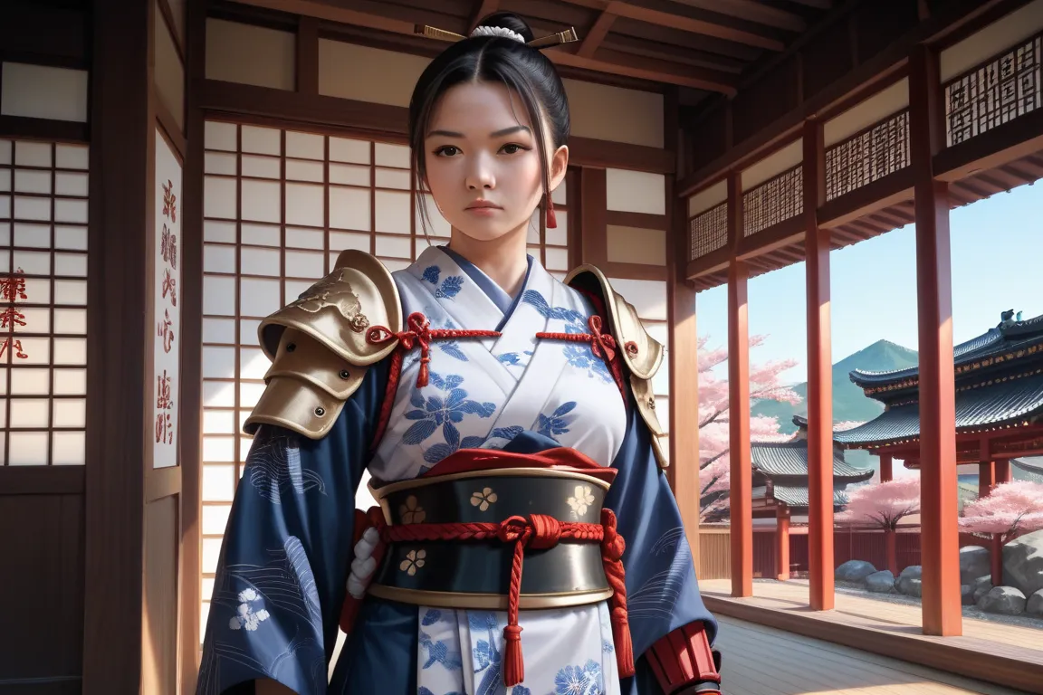 samurai, traditional armor, in combat, Japanese villa, Details of Japanese architecture from the last century.