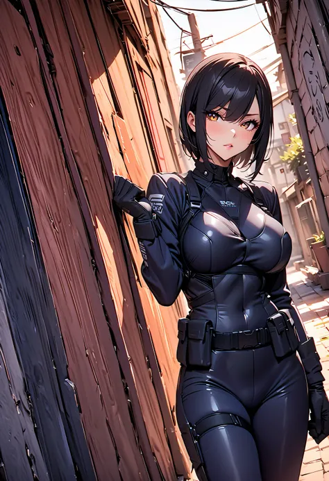 (masterpiece:1.2,Best Quality,Best Quality,Very  Details:1.2),8k, wallpaper,(one woman),( future female SWAT team member ),avoid being spotted by enemies.:1.6),(( bright)),( Extremely fitted white and navy blue tactical body armor),(perfectionな体),(TACTICAL...