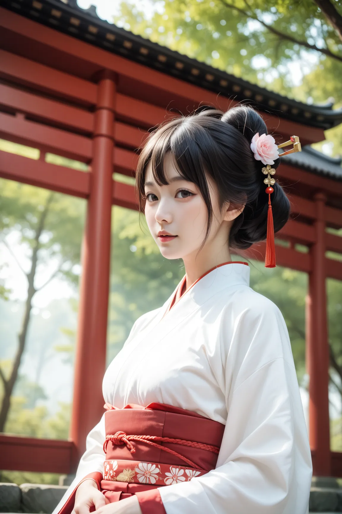 Hi-Res, ultra-fine in 8K,realistic,realistic photo,4K,shrine maiden at Urushi Matsuri,black hair that stretches smoothly to her waist,easygoing expression,at the back of the shrine,MIKAMIKOKA,sunlight filtering through the trees,Tranquil Atmosphere,Analog ...