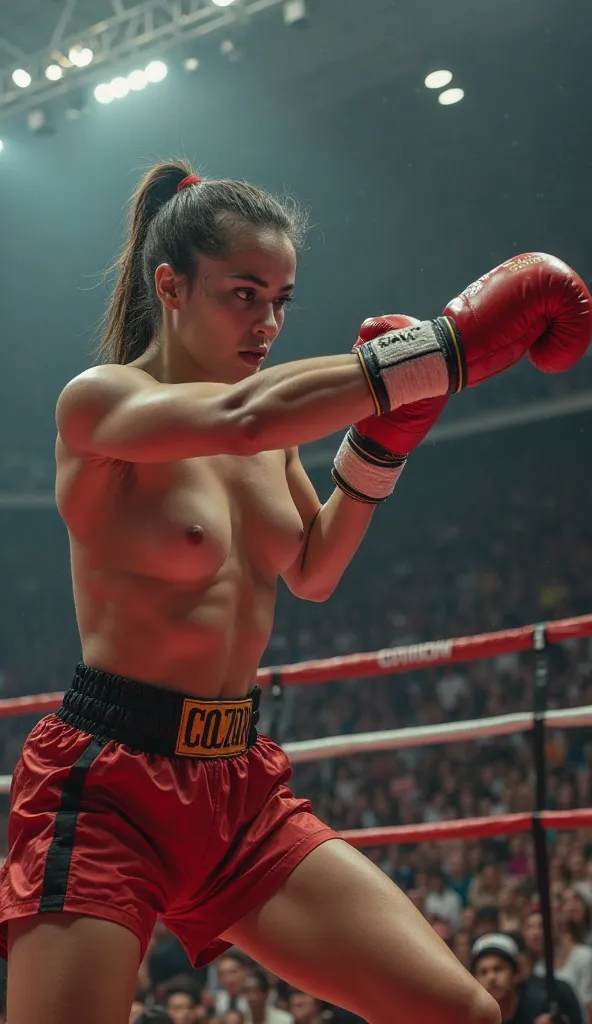 Elbow strike. Muscular young girl naked on top , determined boxing athlete in motion, fighting, on the canvas ring, the atmosphere was filled with people and cheers, Bottom view. Concept of sport, hobby, active and healthy lifestyle, 8k, ultra-clean-design