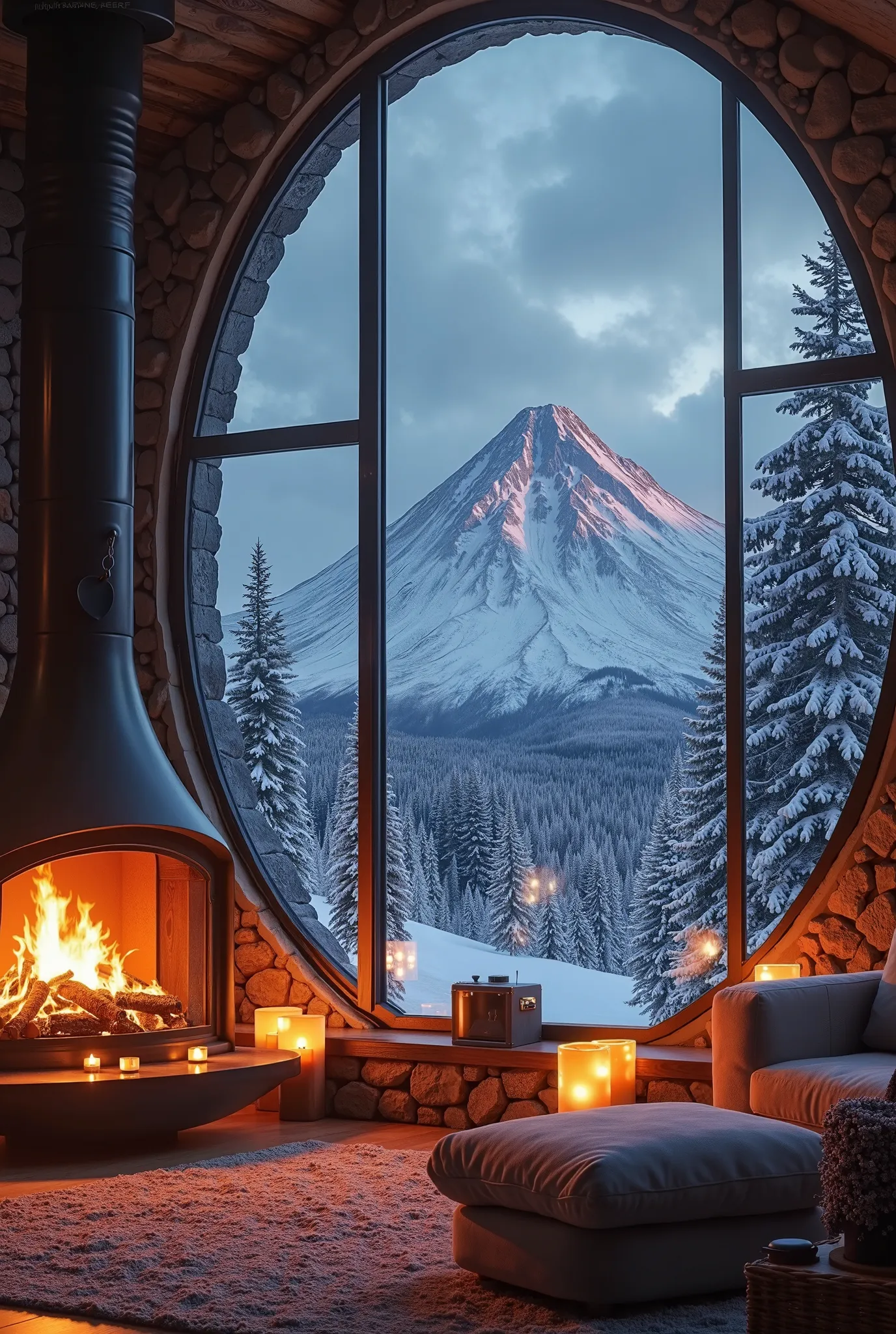 The image portrays a cozy and inviting living room scene. Here are some of the key elements: FIREPLACE: A warm and inviting fireplace is the centerpiece of the room, with in a glass roaring fire casting a warm glow. WINDOW: A large glass shaped window offe...