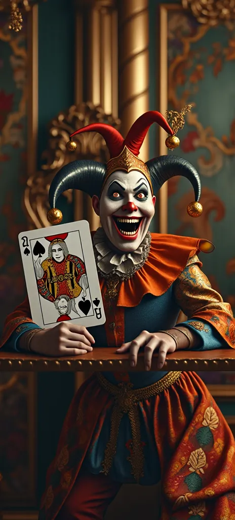 A jester with the queen's poker card