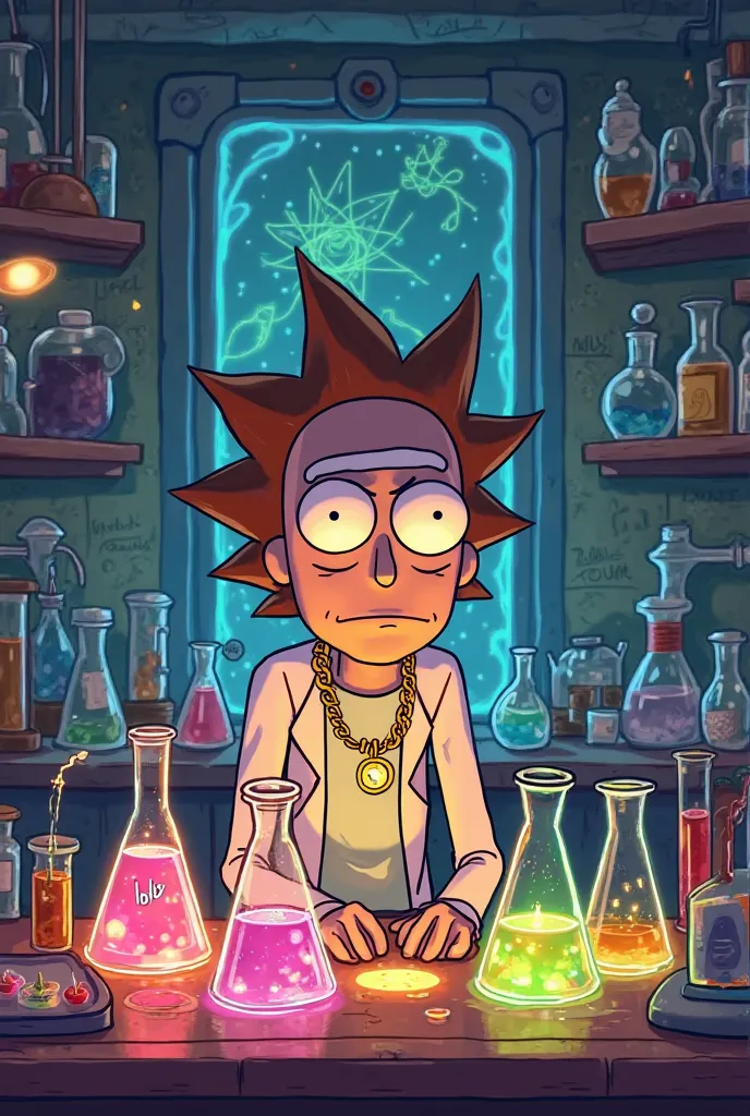 Morty character from Rick and Morty with a gold cord in a laboratory with several bottles written by Lolo making the chemical mixture 