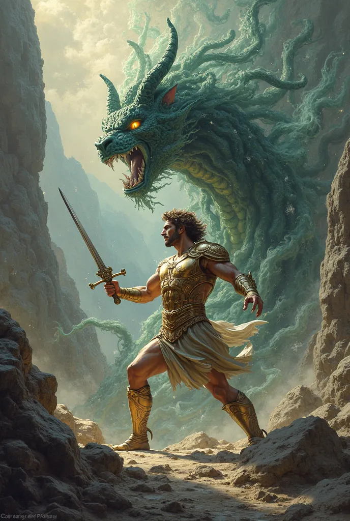 Create an image of Perseus with his armor and shield and sword by cutting off Medusa's head 