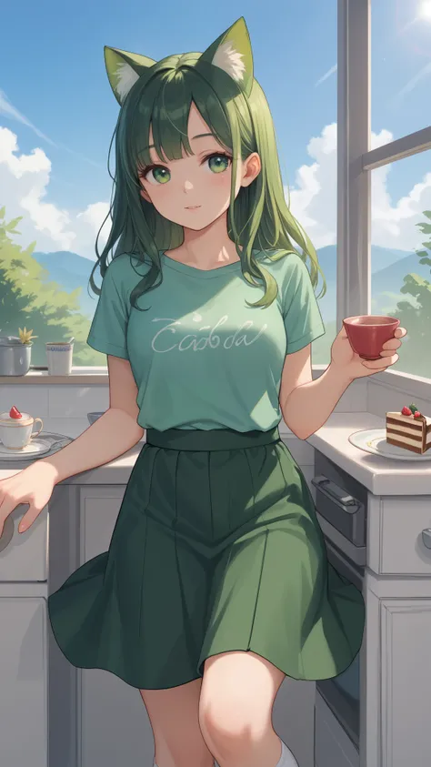 1 girl,green hair, cat ears, green eyes, loose hair, green ears, T-shirt,skirt,socks,slippers,drinking tea with cakes at home in the kitchen anime style