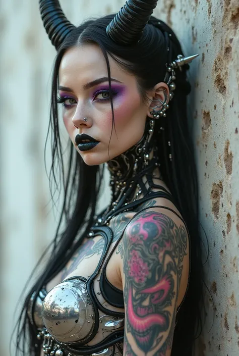 a Beautiful Real Looking Caucasian  Ghotic Cyborg Woman,, Pale Skin like Plastic Bricken Pieces on her Face a Cool Tatoo ,Android,  Unfolding Recursive Face , Big Black Devil Horns , Big SpikesComing out of her Skin at the Back and Arms Cool Tatoos  , Andr...