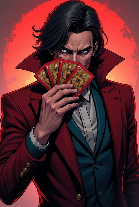 Show Gambit as in comic books in an animated way and that the cards are shown in his hand in the shape of an arc, which, when you show them, cover part of your face. If you can, it looks like in the previous images you made