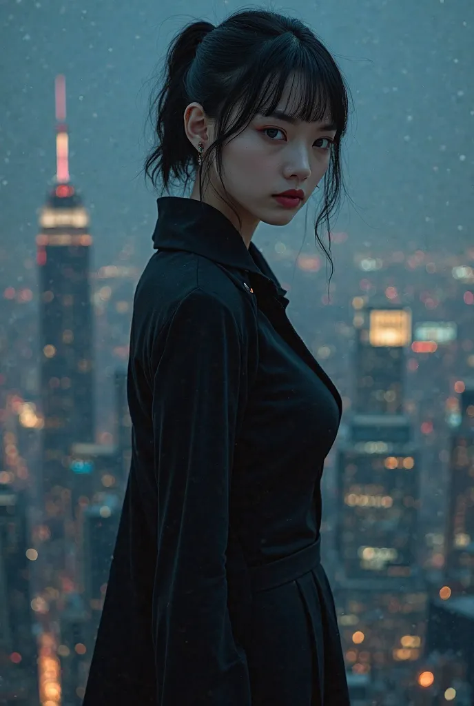  Korean woman, blue eyes, short black hair tied up, Wearing black spy clothes at night on top of the building
