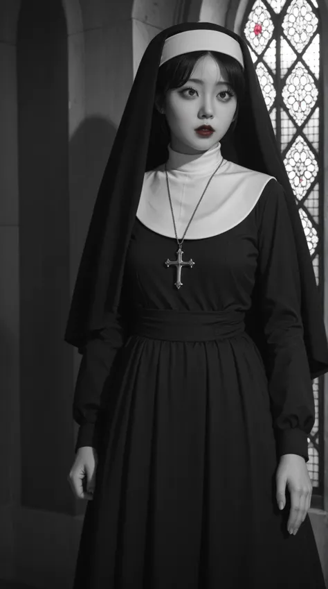 (걸작,  premium , 8k,  Premium ,   official art  , beautiful and aesthetic:1.2),   Korean woman in her 20s ,  Closed church,  Sister's Gown , ,description of a nun, Awe, gothic, Red points on black and white,   red lips, huge boobs, Black and white, horror