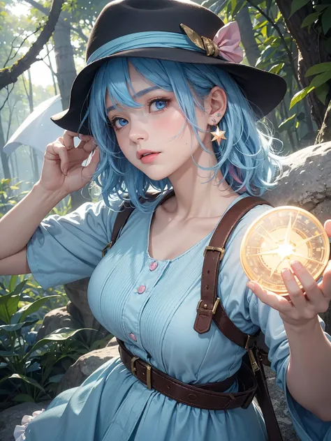 best quality, masterpiece, 8K, Ultra Detail, Best Illustration, Ultra High Resolution, Depth of Field, Photorealism: 1.4, RAW Photos: 1.2, dynamic angle, (In the small forest on the outer rim of the village:1.2), adventurer sexy uniform, fedora hat, Lanter...