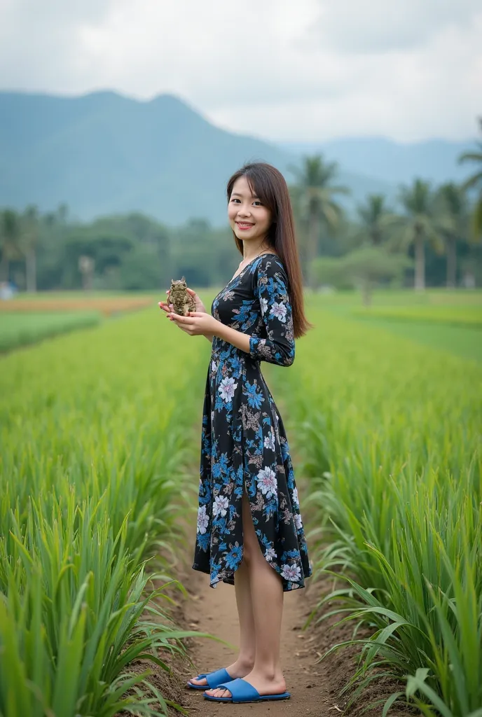 Beautiful Vietnamese woman wears black color floral floral print material dress knee-length,blue flip flops, straight hair long brown,standing in a paddy field facing forward holding a frog ,against the left right side background of a newly planted rice cr...