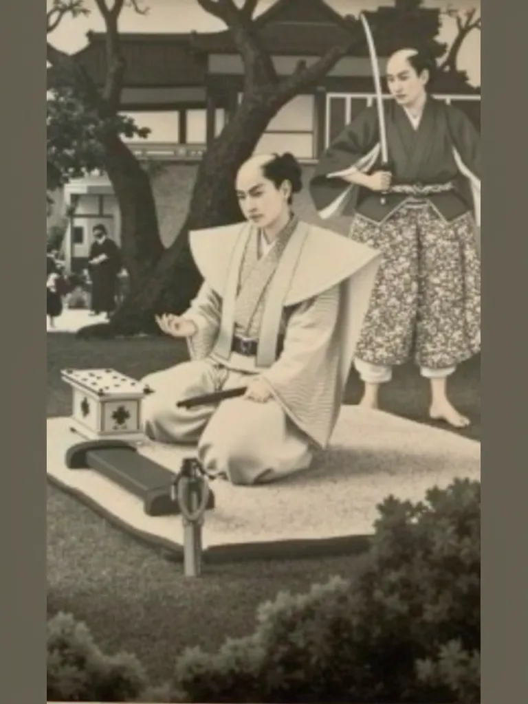  Edo period　A garden inside a Japanese castle　White gravel is covered　The samurai came in a white kimono and sat down to commit seppuku　Another samurai is waving his sword from behind　