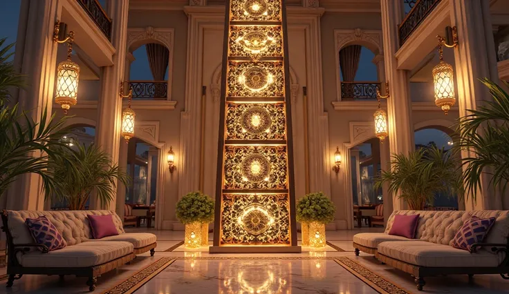 A ladder is inside a large villa and the ladder is the place where it is large and has a different place. It is decorated with Ramadan decorations. The villa is luxurious and 
 At night, there is a modern Ramadan lantern. The interior of the villa includes...