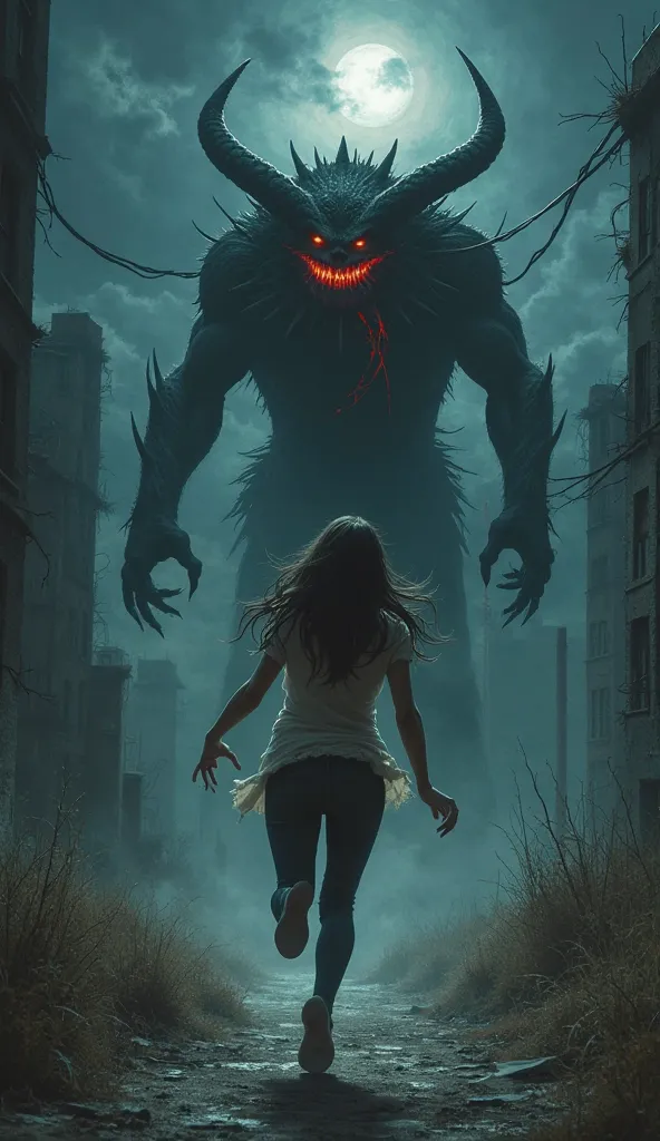 Mariana running on a dark night while a smiling demon pursues her with a look hungry and thirsty for her soul