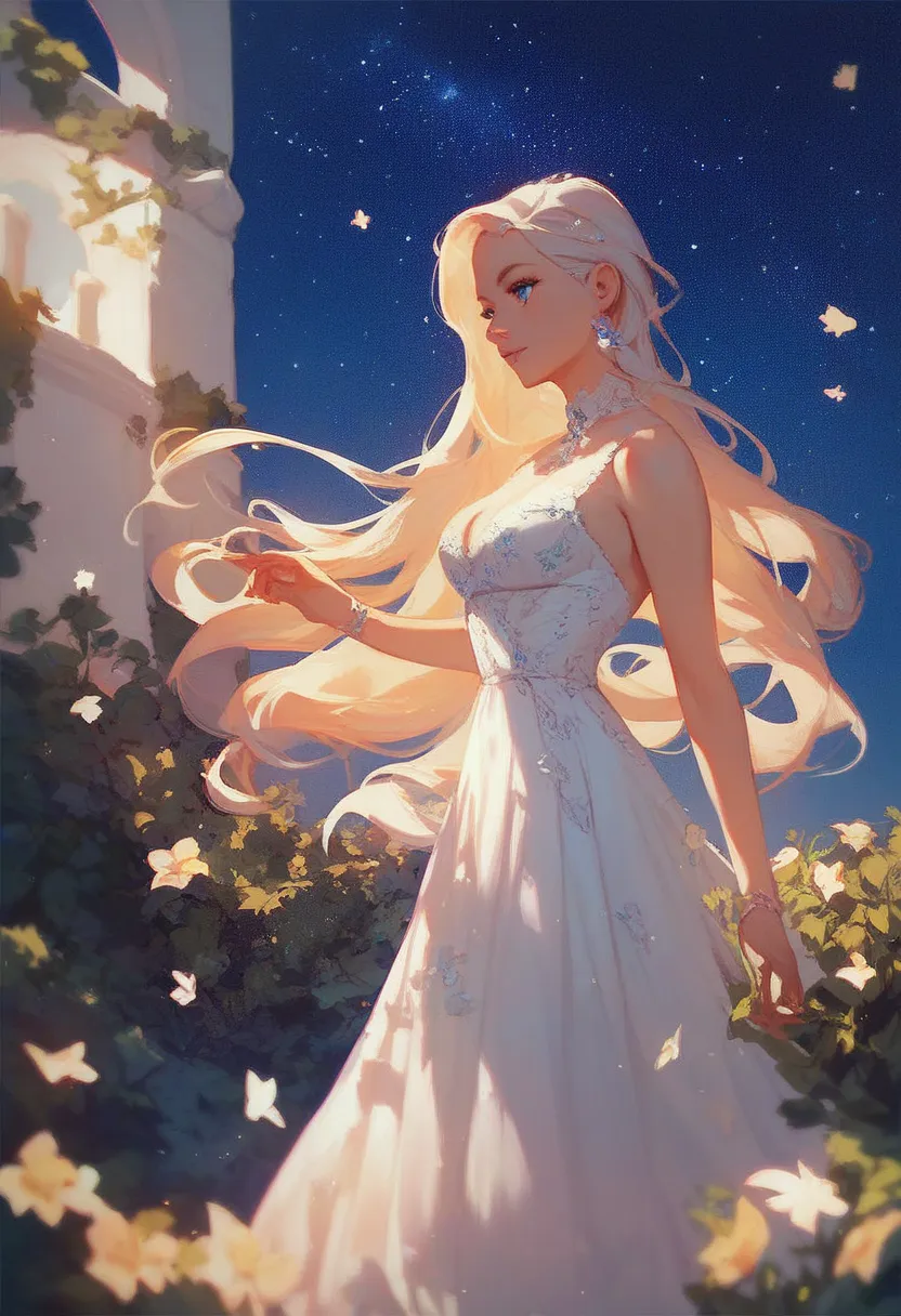 score_9, score_8_up, score_7_up, score_6_up, score_5_up, score_4_up, 1girl, solo, long_hair, blue_eyes, white_dress, standing, outdoors, night, starry_sky