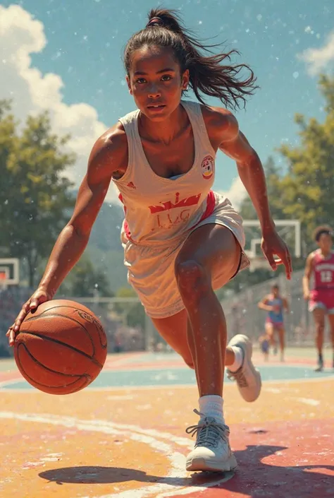 Sporty girl playing Basketball while glistening with sweat