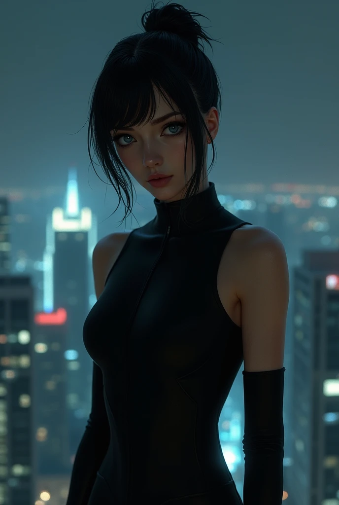 woman with slightly dark skin, blue eyes, short black hair tied up, Wearing black spy clothes at night on top of the building 
