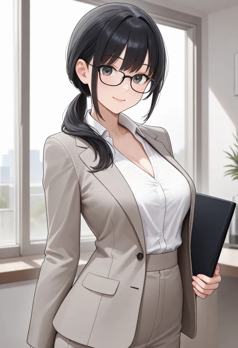  A young woman with loosely tied black hair who exudes the appearance of a professional secretary ,  low ponytail.   She has a gentle and friendly look  ,  wearing black-rimmed glasses .   Her outfit consists of a sophisticated blazer and a neat buttoned b...