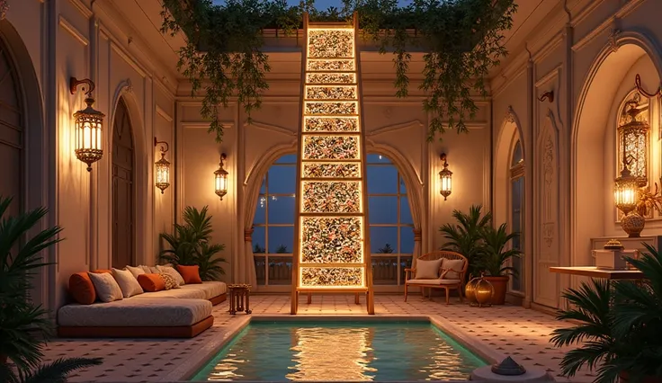 A ladder is inside a large villa and the ladder is the place where it is large and has a different place. It is decorated with Ramadan decorations. The villa is luxurious and 
 At night, there is a modern Ramadan lantern. The interior of the villa includes...