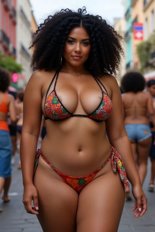 A black Brazilian woman with curly hair, hair, woman with average curves ((body with average curves 1.5)), parading in the streets of Rio de Janeiro carnival, wearing a typical carnival costume ((Micro bikini underneath)), full body view, ((Very large brea...