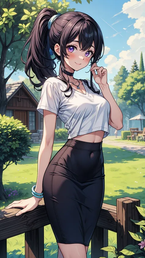 ((masterpiece, best quality:1.3, high detail)), beautiful woman (leaning), smile, long wavy hair, (dark blue ponytail hair), hairpin, bright purple eyes, light blush, ((white t-shirt v-neck)), (medium black midi pencil ((skirt))), midriff, navel, necklace,...