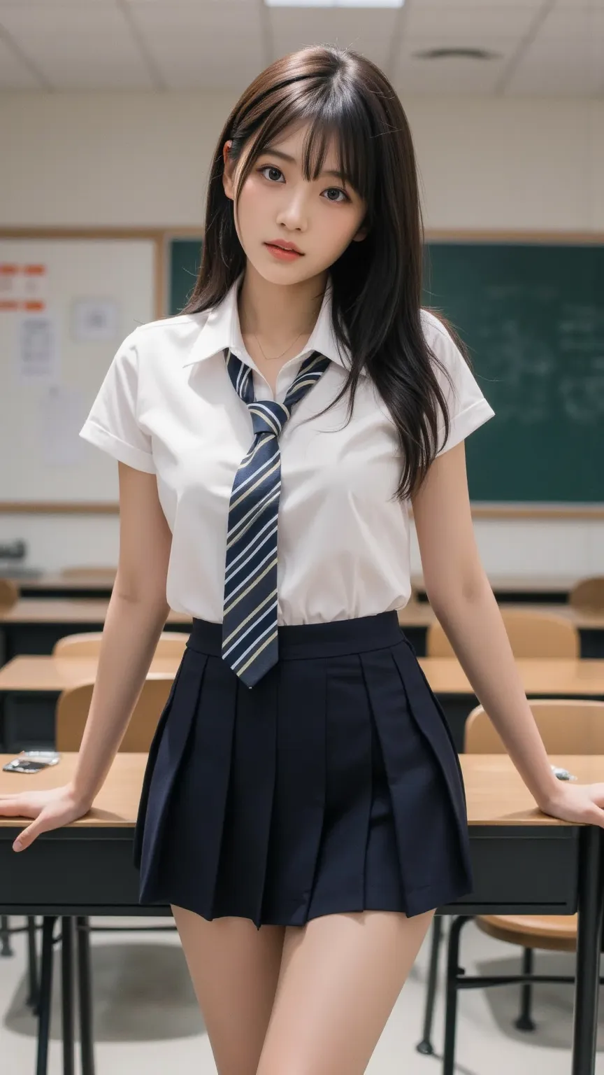 Masterpiece, Anatomically Correct, Accurate, High Details, 16k, thigh above body,  young 1girl, Black Hair, Large breasts, 35mm, F/2.8, Realism, (((pleated mini skirt with a serafuku random design, mini necktie), ((Lift Shirts)), Random class room backgrou...