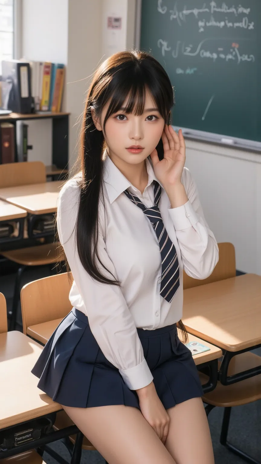 Masterpiece, Anatomically Correct, Accurate, High Details, 16k, thigh above body,  young 1girl, Black Hair, Large breasts, 35mm, F/2.8, Realism, (((pleated mini skirt with a serafuku random design, mini necktie), ((Lift Shirts)), Random class room backgrou...