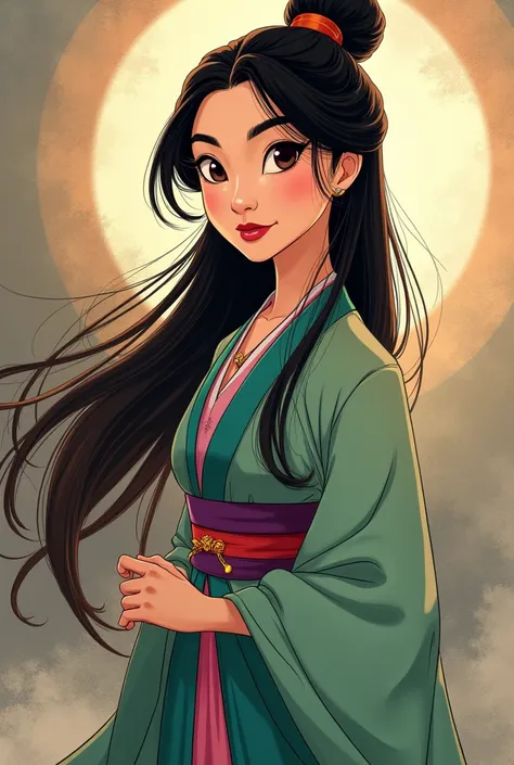 Mulan is a young woman of Chinese origin with characteristic oriental features. In the best-known version of Disney, has:

    hair: long, smooth and black. At first she wears it loose, but when she disguises herself as a soldier, she cuts it and ties it i...