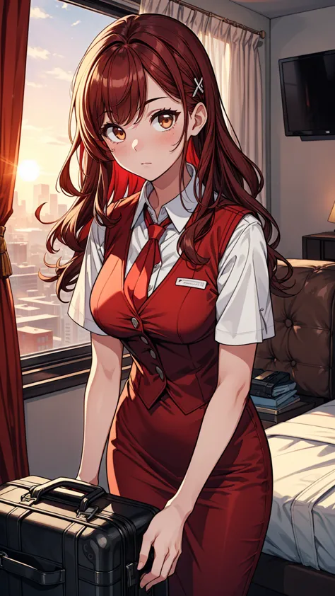 ((masterpiece, best quality:1.3, high detail)), ((1girl)), (((beautiful woman))), (stewardess), bright brown eyes, (long wavy hair), (dark red hair), hairpin, (white collar shirt vest, red tie), red pencil (skirt), medium knee skirt, slim body, (lower body...